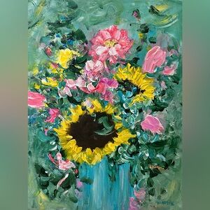 ORIGINAL ACRYLIC TEXTURIZED SUNFLOWER PAINTING SIZE 16” H x 12” W inch